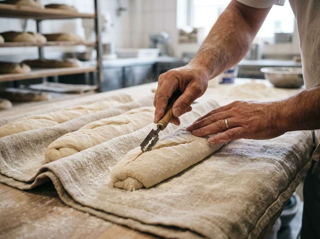 Barras de masa formadas fermentando en la tela antes de tallarlas