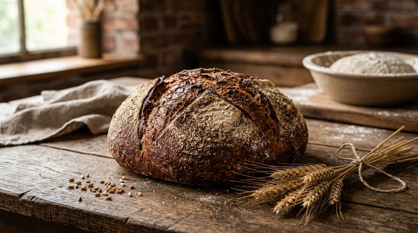 Pan integral de masa madre con corteza oscura y greñado en cruz
