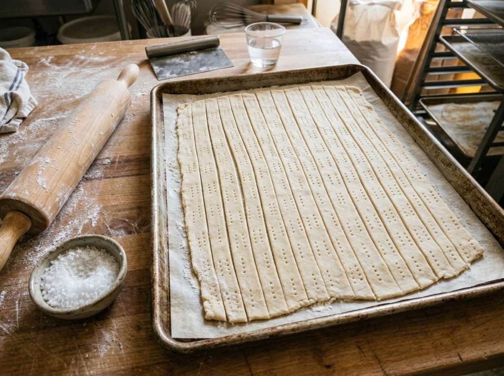 Masa de regañás laminada muy fina, pinchada y cortada en tiras
