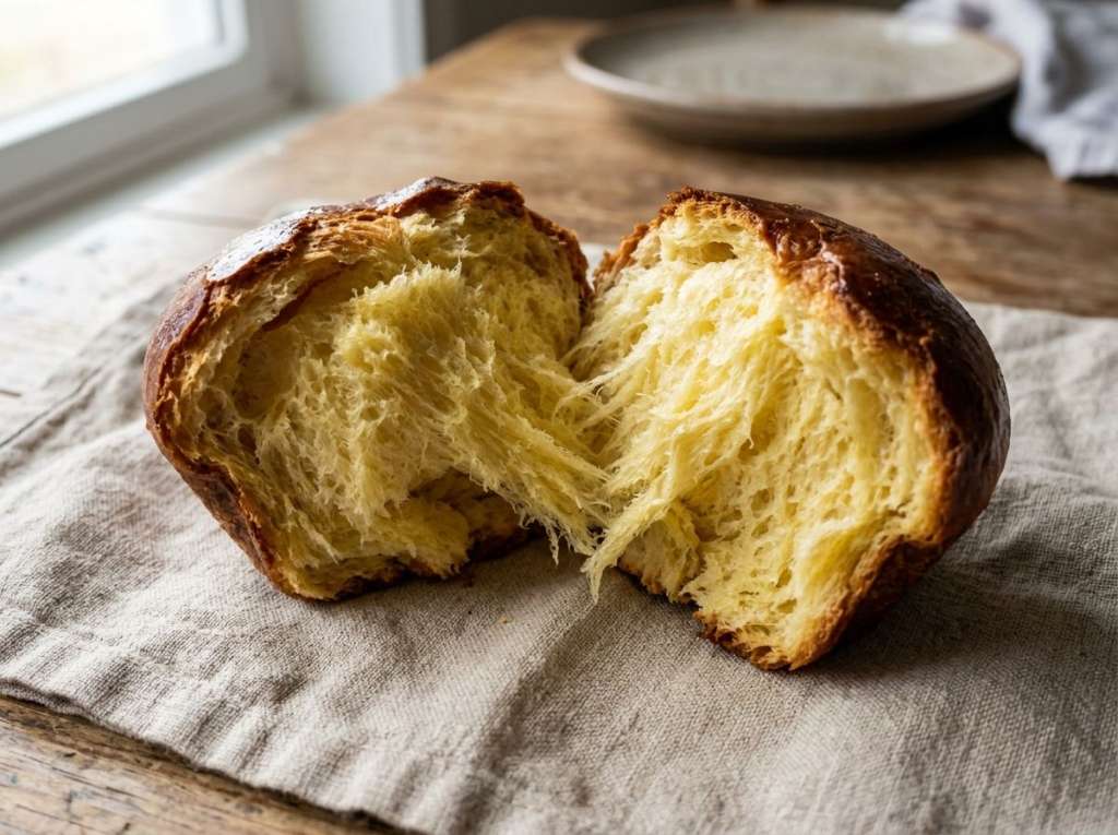 Miga tierna y hebrosa de un brioche abierto con las manos