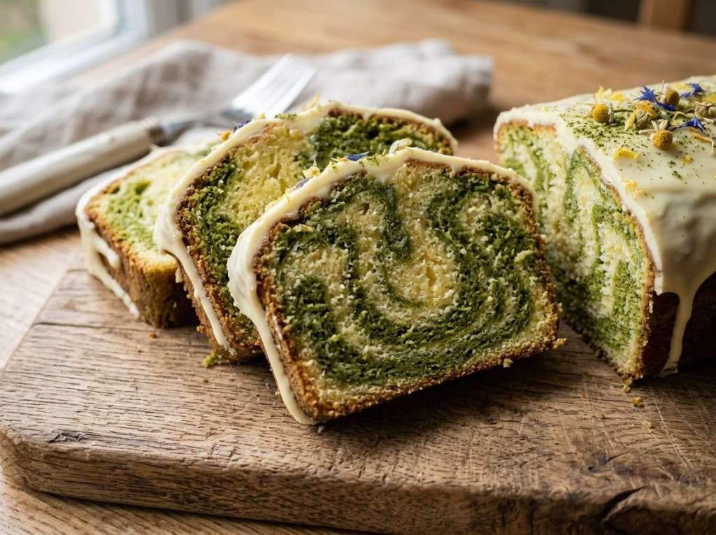 Porciones de plumcake marmolado de limón y matcha